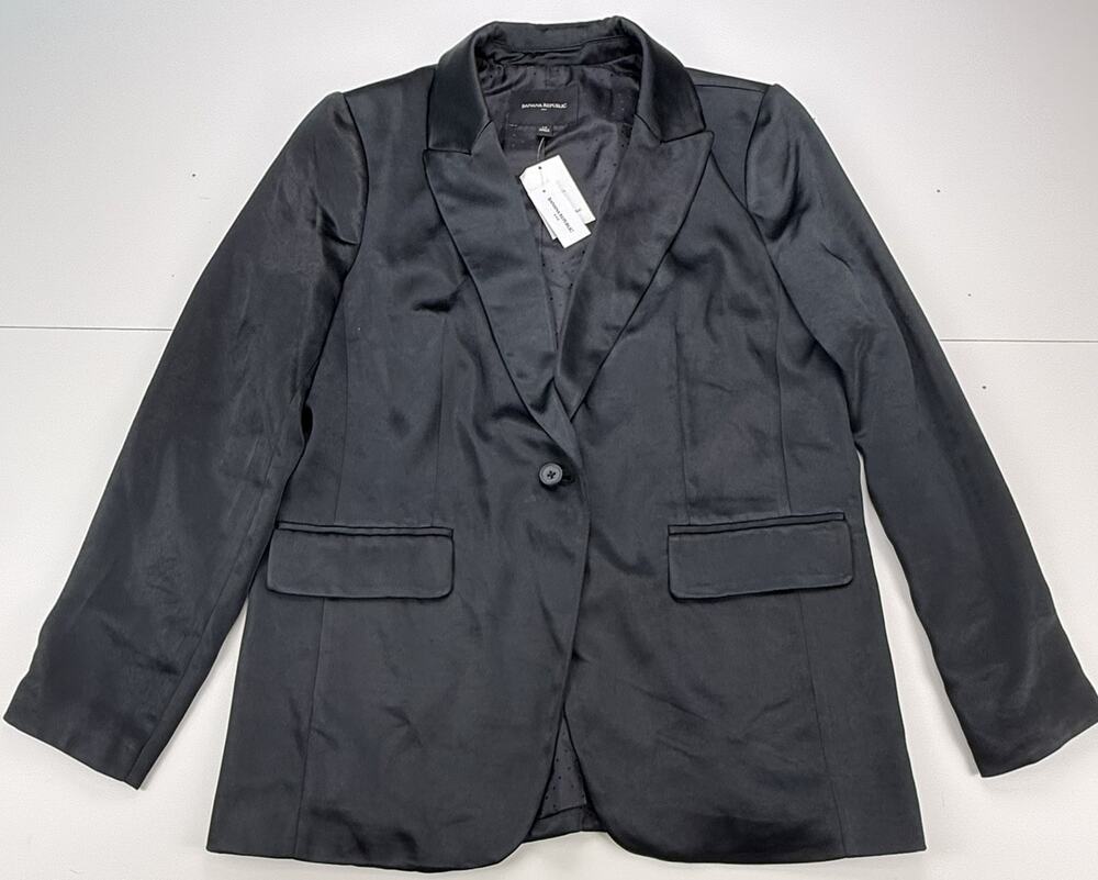 Banana Republic Women's Black Satin Tuxedo Blazer Size 14 One Button NWT $139